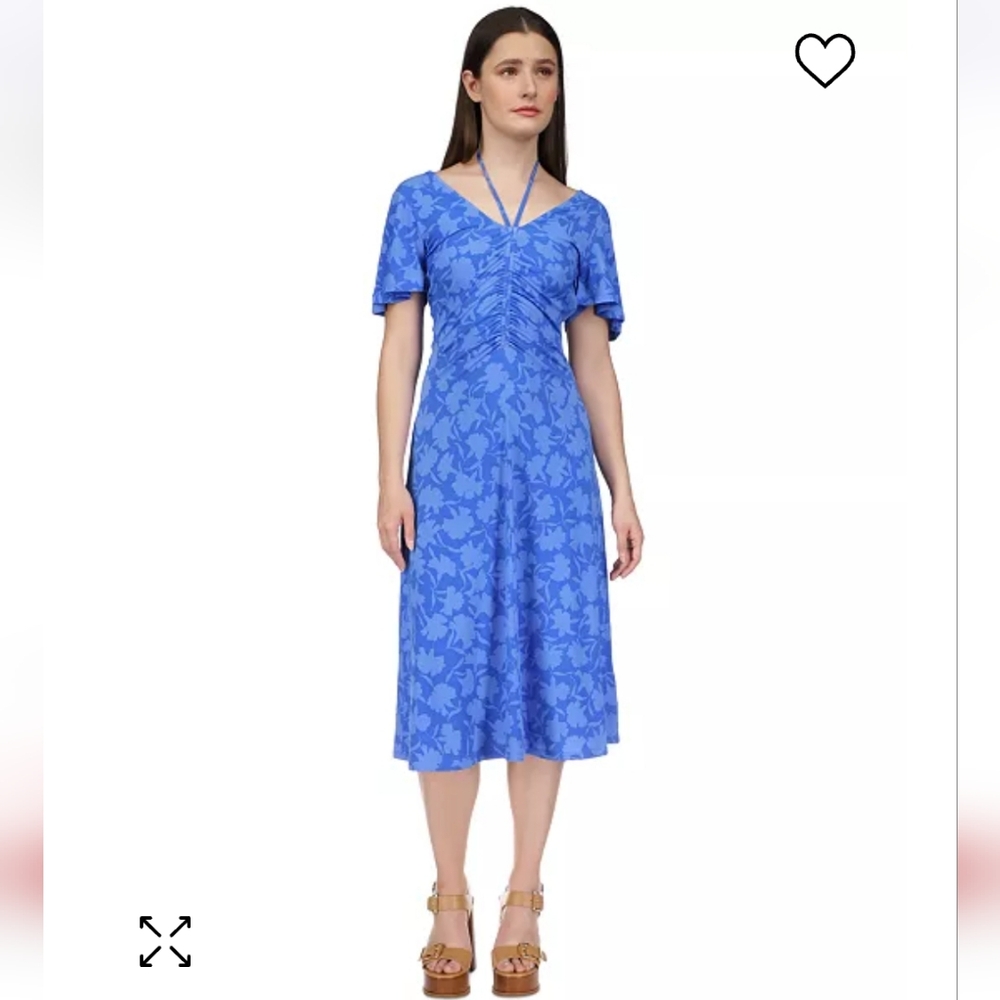 Michael Kors Floral Print Tie V-Neck Ruched Midi Plus Size Dress